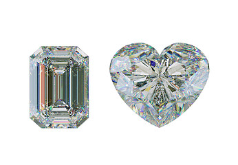 Image showing Emerald cut diamond and heart shape gemstone on white
