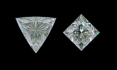 Image showing Top view of trillion and princess cut diamond on black