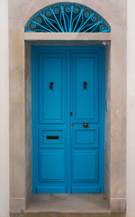 Image showing Blue wooden door with arch from Sidi Bou Said