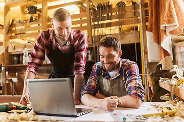 Image showing carpenters with laptop and blueprint at workshop