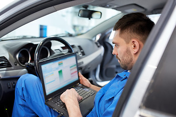 Image showing mechanic man with laptop making car diagnostic