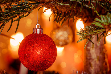Image showing Red Xmas ball on a Christmas tree