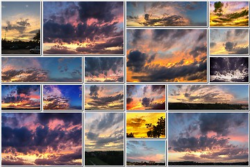 Image showing Dramatic sunset like fire in the sky with golden clouds collage