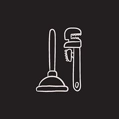 Image showing Pipe wrenches and plunger sketch icon.