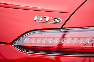 Image showing Kiev, Ukraine - OCTOBER 4, 2016: Mercedes Benz star experience. The interesting series of test drives. Logo GTs and tail light closeup