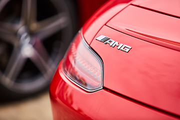 Image showing Kiev, Ukraine - OCTOBER 4, 2016: Mercedes Benz star experience. The interesting series of test drives. Logo AMG and tail light closeup.