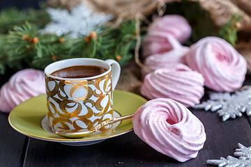 Image showing Homemade marshmallows and black coffee.