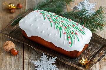 Image showing Almond cake with Christmas decorations.