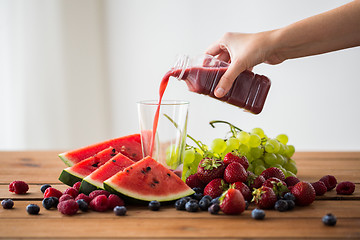 Image showing hand pouring fruit juice from bottle to glass