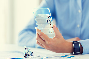 Image showing close up of woman with transparent smartphone