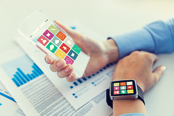 Image showing close up of hands with smart phone and watch icons