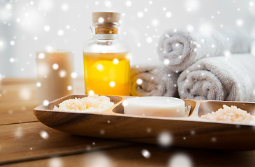 Image showing soap, himalayan salt, massage oil and body scrub