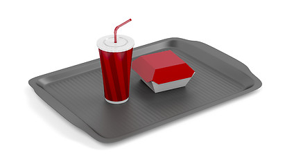 Image showing Tray with soda and sandwich