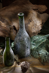 Image showing Green Bottles And Wood