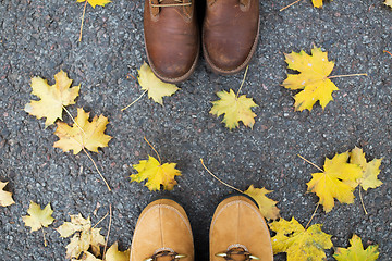 Image showing couple of feet in boots and autumn leaves