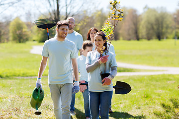 Image showing group of volunteers with trees and rake in park