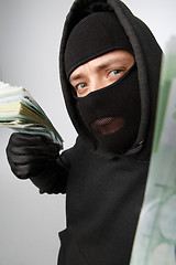 Image showing Robber in mask holding banknotes