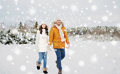 Image showing happy couple walking along snowy winter field