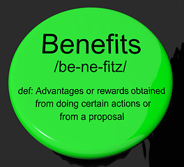 Image showing Benefits Definition Button Showing Bonus Perks Or Rewards