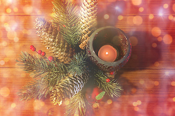 Image showing christmas fir branch decoration and candle lantern