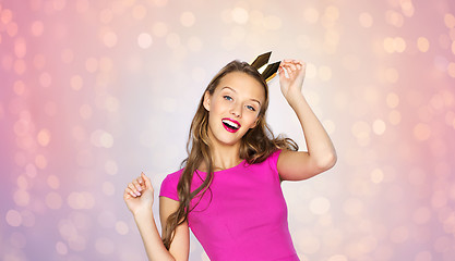 Image showing happy young woman or teen girl in princess crown