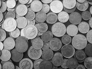 Image showing Many Euro coins in black and white