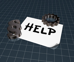 Image showing the word help on paper sheet, paragraph symbol and gear wheel - 3d rendering