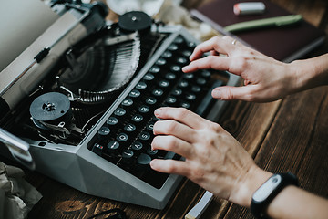 Image showing Writer typing with retro writing machine.