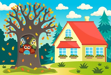 Image showing Owl tree near house