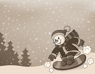 Image showing Stylized image with snowman on snowboard