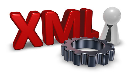 Image showing xml tag, pawn with tie and gear wheel - 3d rendering