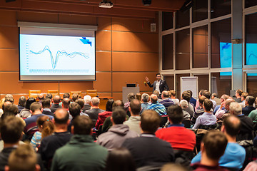 Image showing Business speaker giving a talk in conference hall.