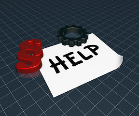 Image showing the word help on paper sheet, paragraph symbol and gear wheel - 3d rendering