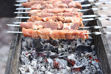 Image showing Grilling marinated shashlik on a grill. Shish kebab popular in Eastern, Central Europe and other places. 