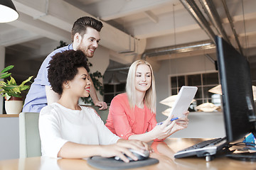 Image showing happy creative team with computer in office