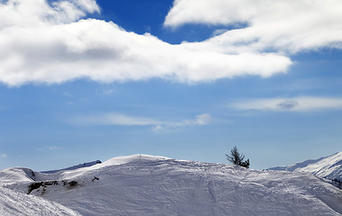 Image showing Off-piste slope with traces from skis and snowboard in sun day