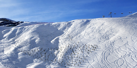 Image showing Panoramic view on off-piste slope at sun morning