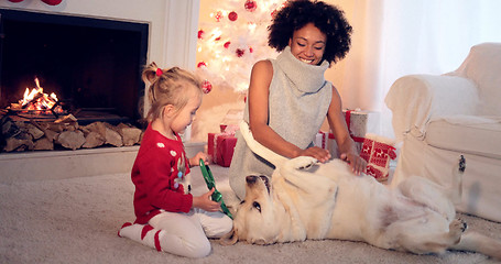 Image showing Mom and daughter in sweaters play with pet dog