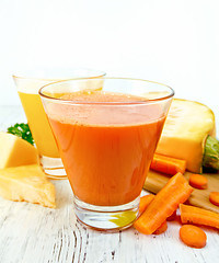 Image showing Juice carrot and pumpkin with vegetables on light board