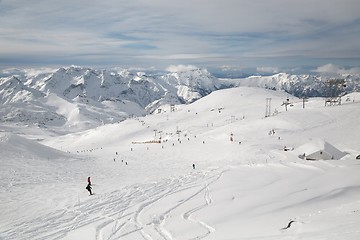Image showing Skiing slopes, majestic Alpine landscape