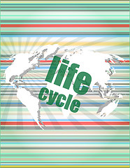 Image showing life cycle words on digital touch screen vector quotation marks with thin line speech bubble. concept of citation, info, testimonials, notice, textbox. flat style 