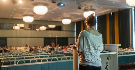 Image showing Public speaker giving talk at scientific conference.