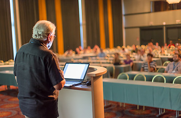 Image showing Senior public speaker giving talk at scientific conference.