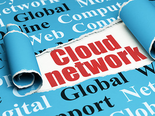 Image showing Cloud networking concept: red text Cloud Network under the piece of  torn paper