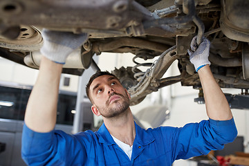 Image showing mechanic man or smith repairing car at workshop