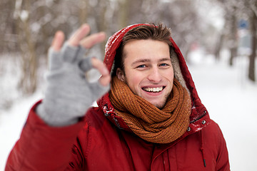 Image showing happy man in winter jacket showing ok hand sign