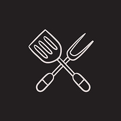 Image showing Kitchen spatula and big fork sketch icon.