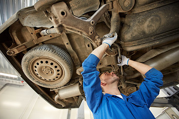 Image showing mechanic man or smith repairing car at workshop