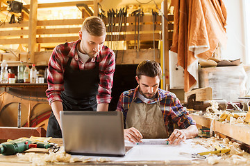 Image showing carpenters with laptop and blueprint at workshop