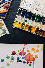 Image showing Crop view of watercolor palette and brushes